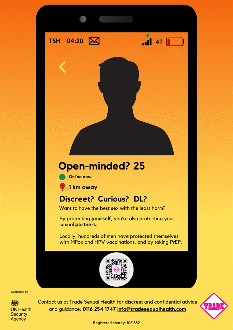 Poster for Trade's Mpox response. A fake mobile phone shows a silhouette dating profile encouraging users to seek more information about staying safe and Mpox.