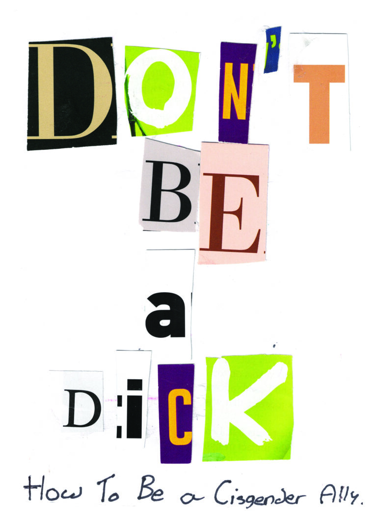 The words 'Don't be a dick' written using collaged letters. Handwritten subtitle reads 'How to be a cisgender ally'.