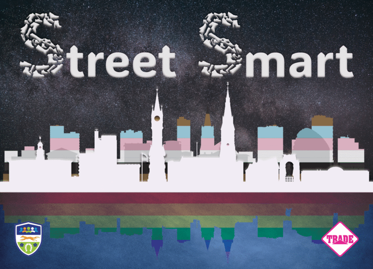 Promotional graphic for Street Smart shows a city silhouette with pride flag overlayed. The words Street Smart appear above.