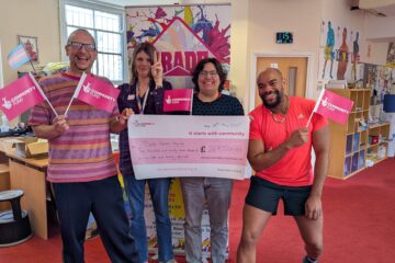 Members of the Trade team hold up a large cheque with the funding they received for Trans*Thriving project equalling £267,520